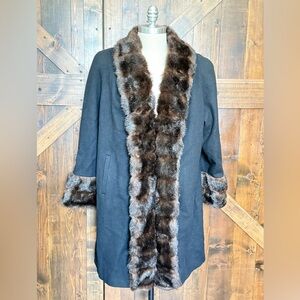 Vintage Albert Nipon 100% Black Wool Faux Fur Swing Coat Women’s Plus Size 3X